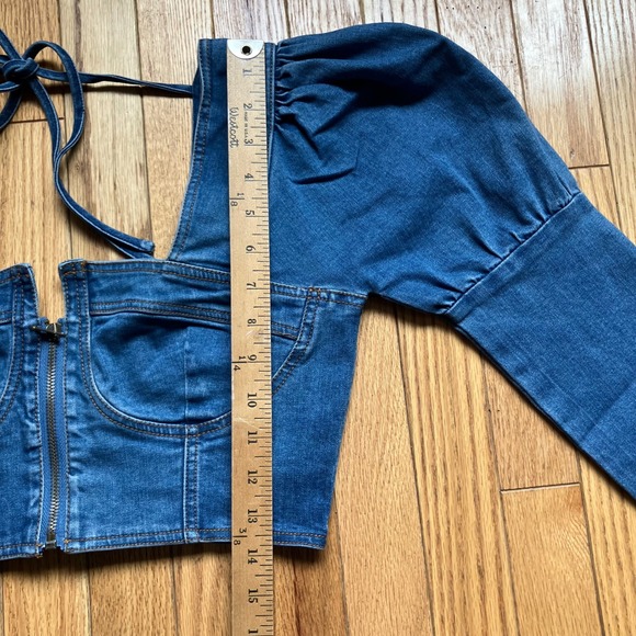 Blue Denim Puff Sleeve Corset Crop Top Front Zip Long Sleeve Milkmaid Coquette - Picture 5 of 7